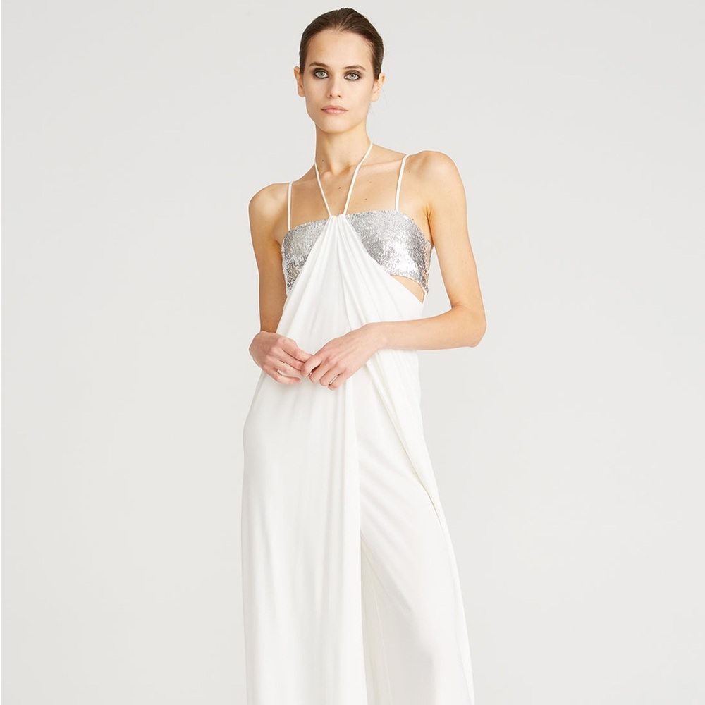 Halston Del Sequin Jumpsuit White Silver
